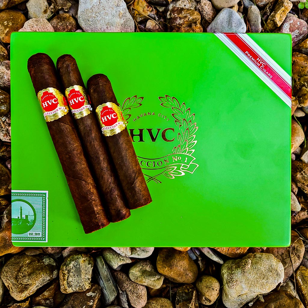 HVC Seleccion No 1 Maduro cigars on green box outdoors San Andres wrapper