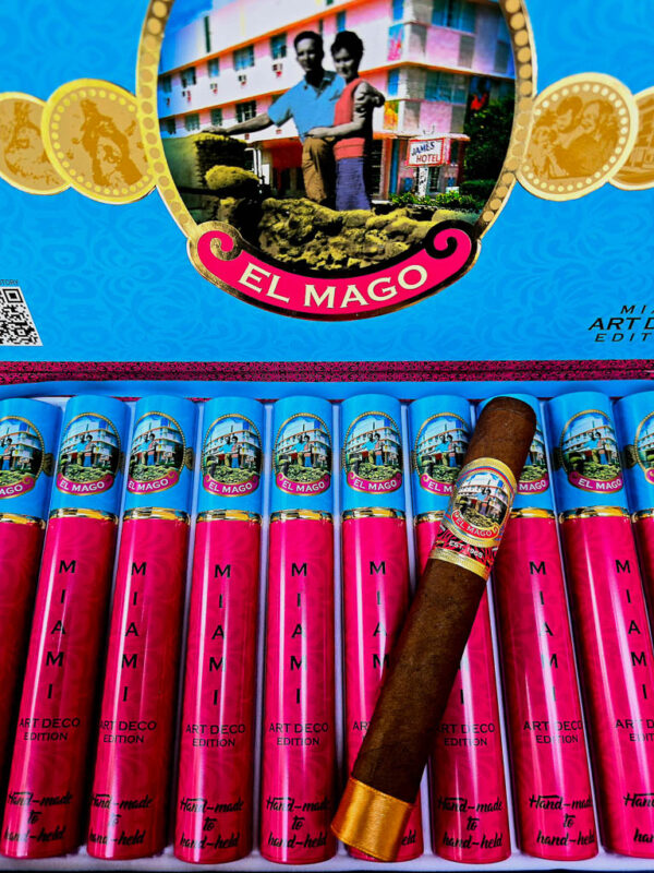 El Mago Art Deco cigar on top of an open box of cigars