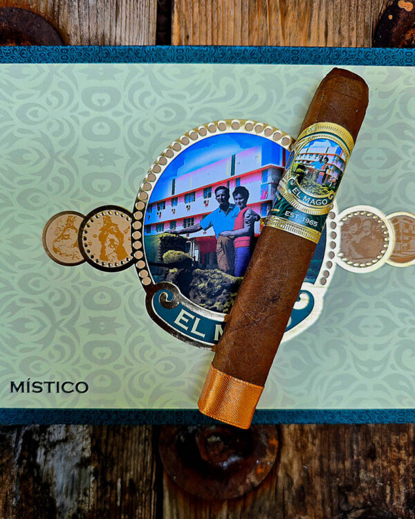 El Mago Mistico single cigar on top of a box of cigars