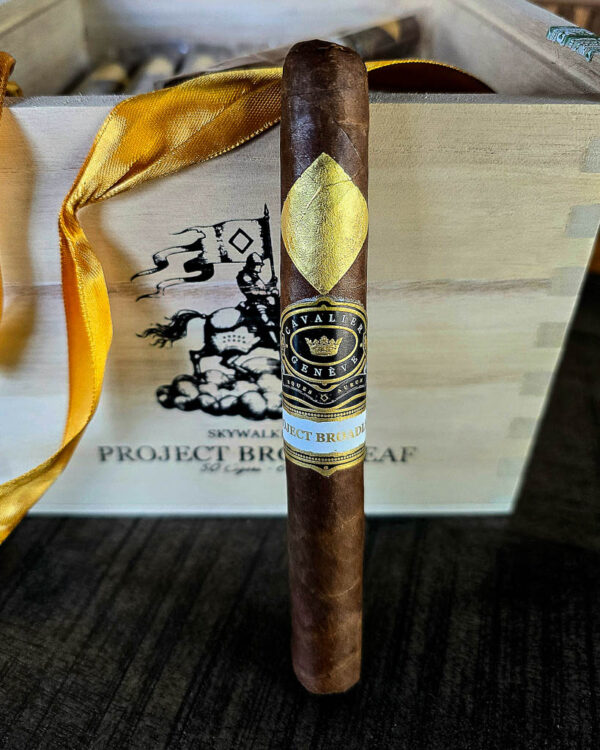 Cavalier Geneve Project Broadleaf Skywalker cigar in front of open box of cigars
