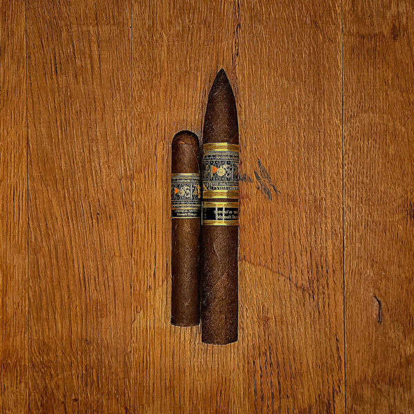 Apostate Moroni’s Trumpet cigar with a Mexican San Andrés Oscuro wrapper in Petite Corona and Torpedo