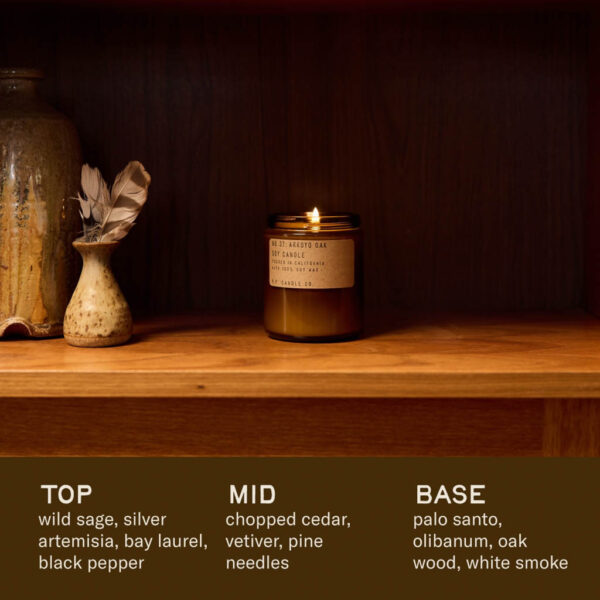 P.F. Candle Co Arroyo Oak candle lit on table with blend breakdown