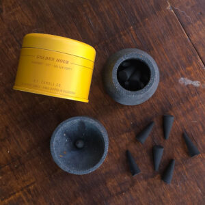 Black Golden Hour Gift Set with black terrazzo matchstick holder, black terrazzo incense holder, and P.F. Candle Co. Golden Hour incense cones.