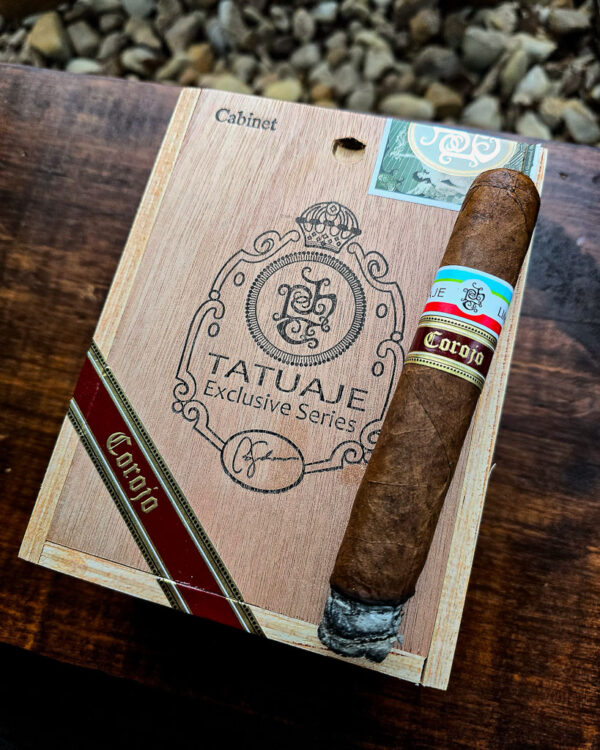 Tatuaje PCA Exclusive 2025 Corojo box-pressed Toro resting on a wooden cabinet box, featuring a Nicaraguan Corojo wrapper and Exclusive Series branding.