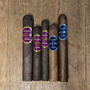 Somm cigar sampler featuring BDX Gordo Prensado, BDX Corona Gorda, BDX Robusto, Rioja Robusto, and Rioja Toro