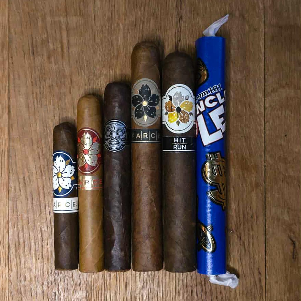 Room 101 cigar sampler featuring Farce, Big Payback, Hit and Run, and Uncle Lee cigars