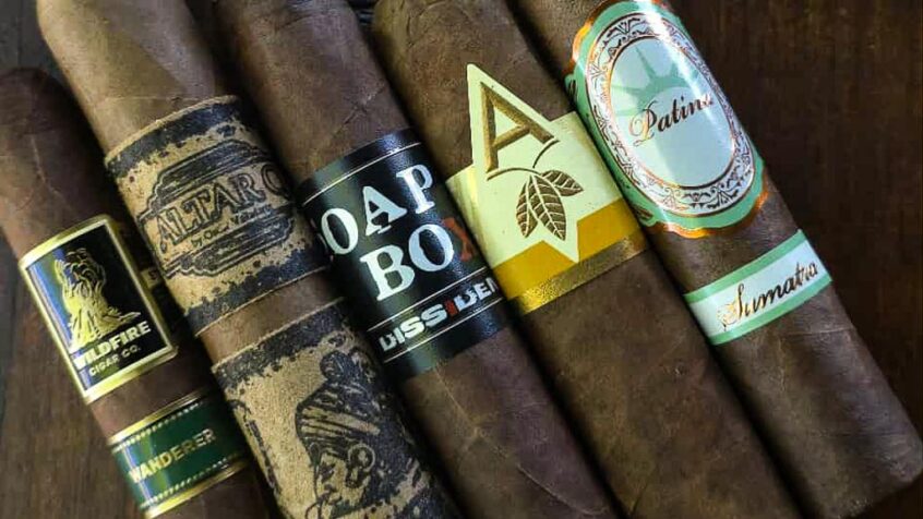 Sumatra cigar sampler featuring multiple cigars with visible bands and wrappers