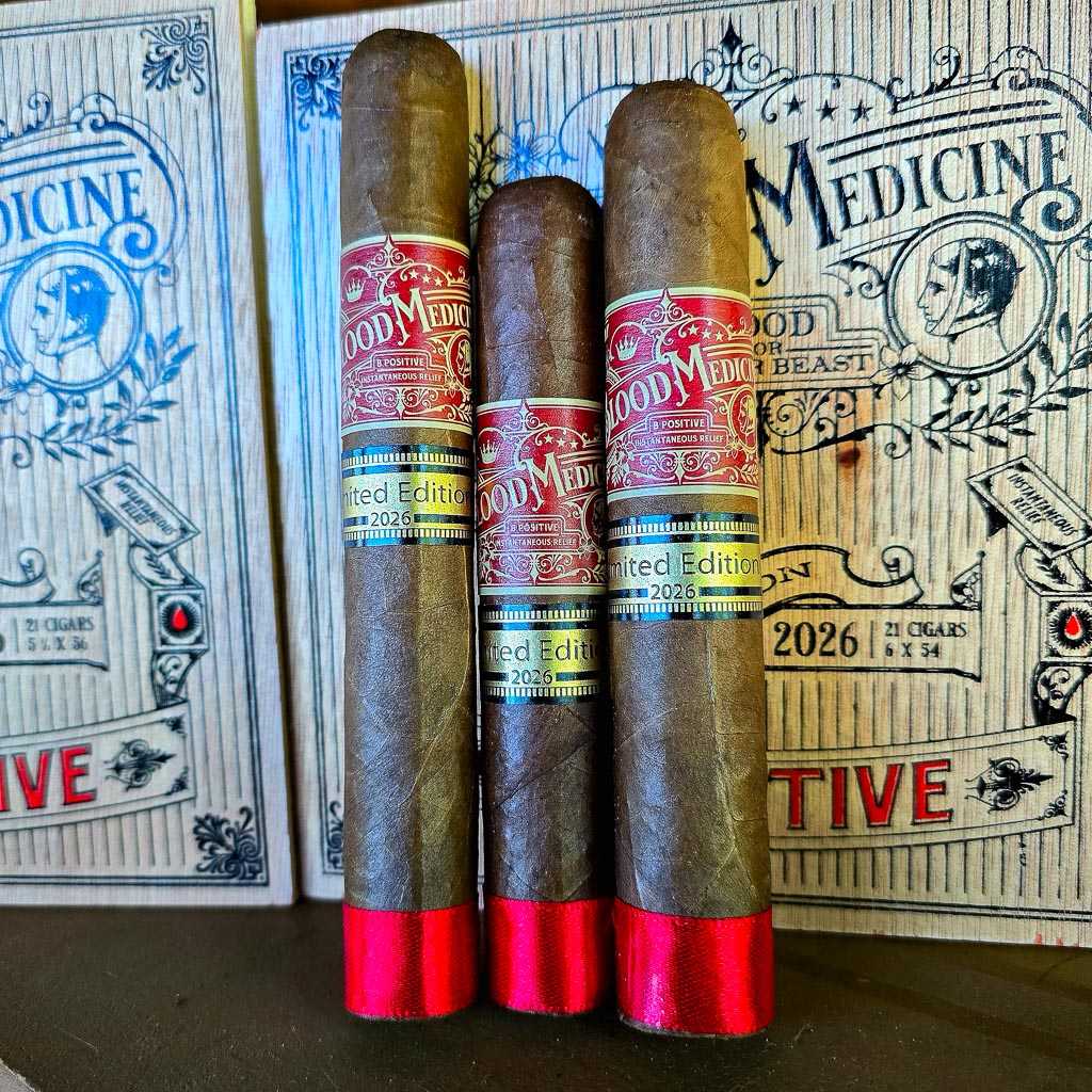 Crowned Heads Blood Medicine B-Positive LE 2026 box and cigars close up
