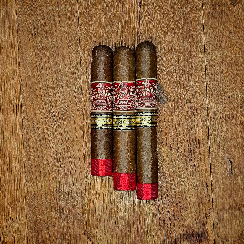 Blood Medicine B-Positive LE 2026 cigars on wooden surface