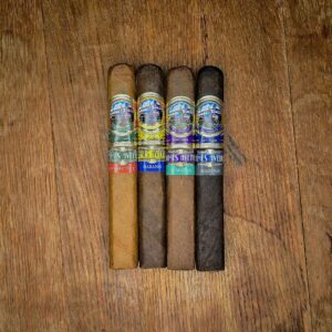 El Mago James Avenue Connecticut, Habano, Sumatra, and Maduro box pressed Toro cigars displayed side by side on rustic wood surface at Smokers Abbey Austin