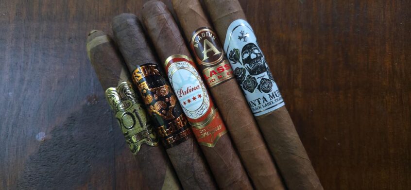 Five premium lancero cigars including BLK WKS Santa Muerte, Oscar Valladares 2012 Barberpole, Patina Oro de Nicaragua, JRE Aladino Classic, and Noel Rojas X OSOK Los Tejanos available in The Lancero Sampler at Smokers Abbey Austin