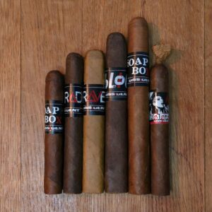 Dissident cigar sampler featuring Soapbox Petite Corona, Bloc, Rave, Molotov, Soapbox Toro Gordo, and Tirade displayed side by side on rustic wood surface at Smokers Abbey Austin